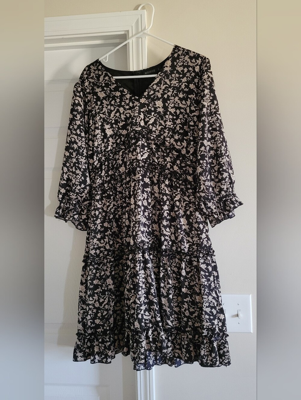 Mikarose Black Dress with Cream Floral Print - Midi Tiered V-Neck